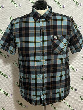 Middle Of Beyond Button Down Shirt Day Of The Dead MOB Plaid Zombie Blue Mens L